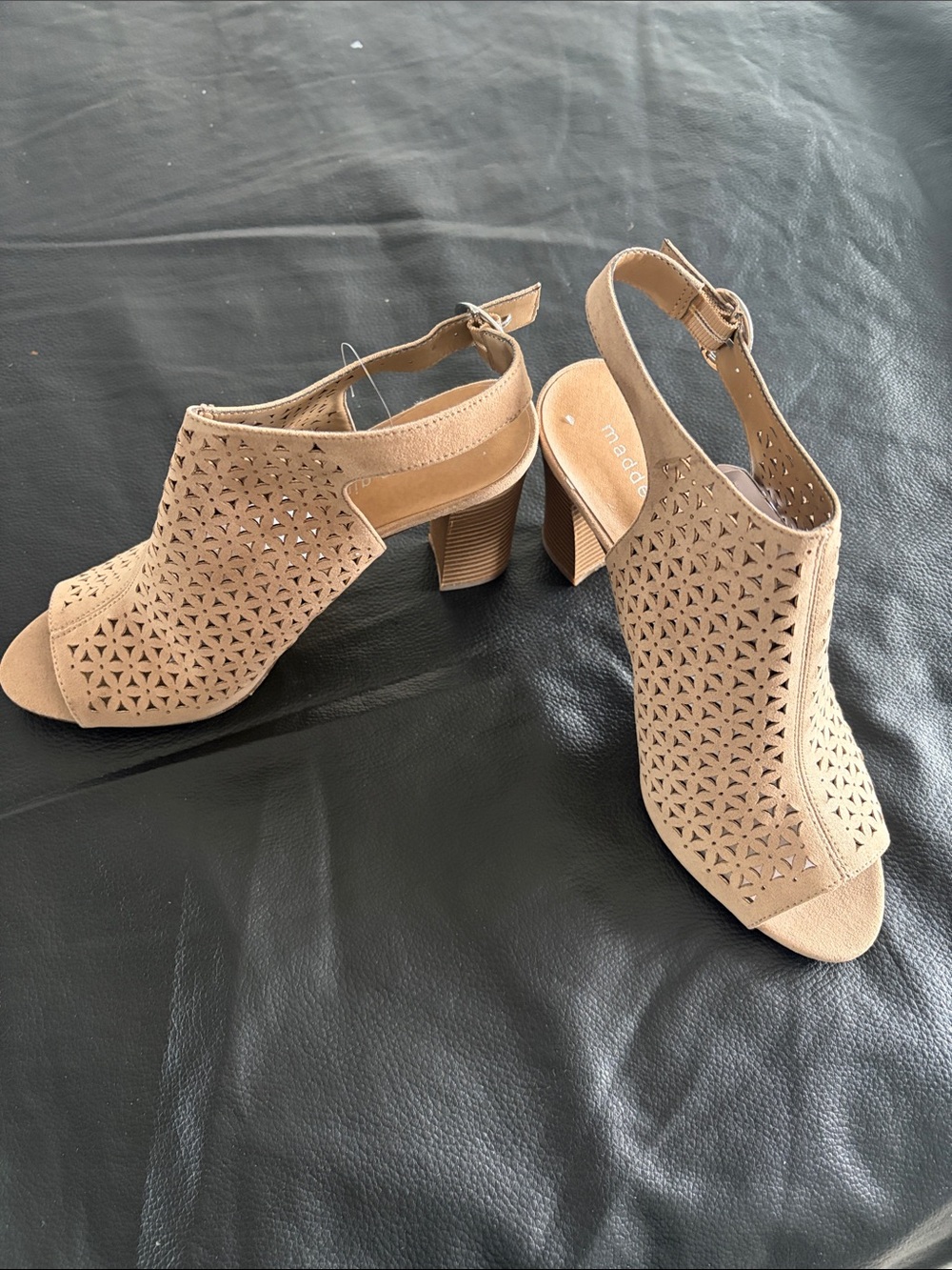 Madden Girl Nude/Tan Laser-Cut Slingback Block Heels